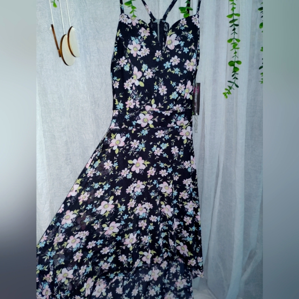 No Boundaries Asymmetrical flowered black dress semi open back